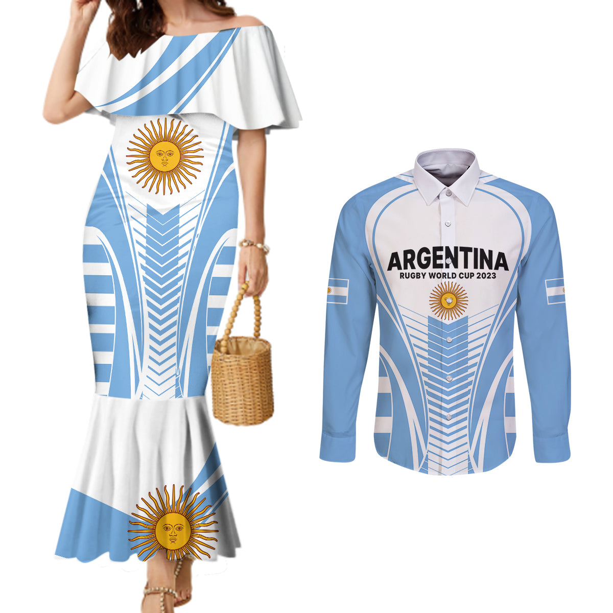 argentina-rugby-couples-matching-mermaid-dress-and-long-sleeve-button-shirts-world-cup-2023-los-pumas-go-champion