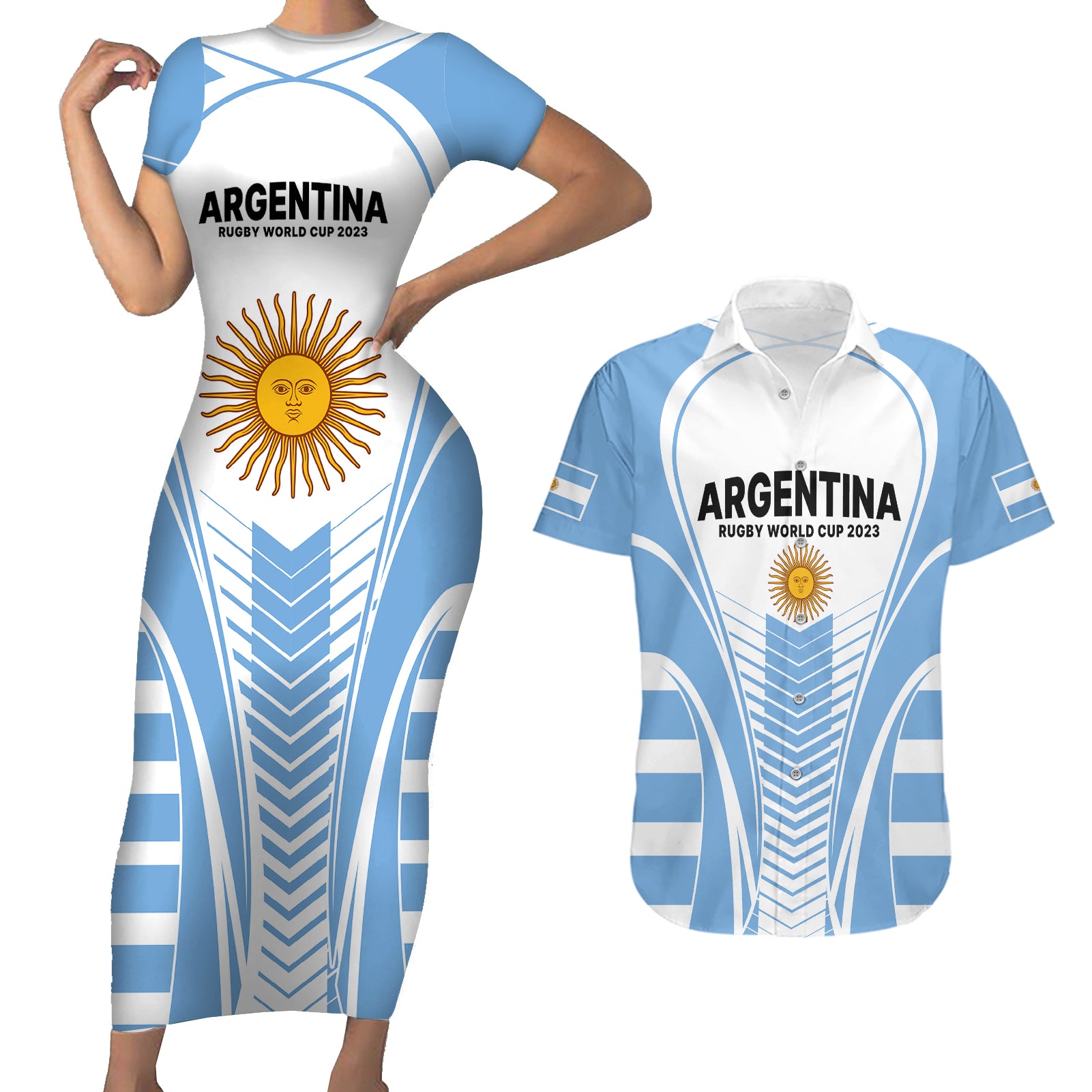 Argentina Rugby Couples Matching Short Sleeve Bodycon Dress and Hawaiian Shirt World Cup 2023 Los Pumas Go Champion LT9 - Wonder Print Shop