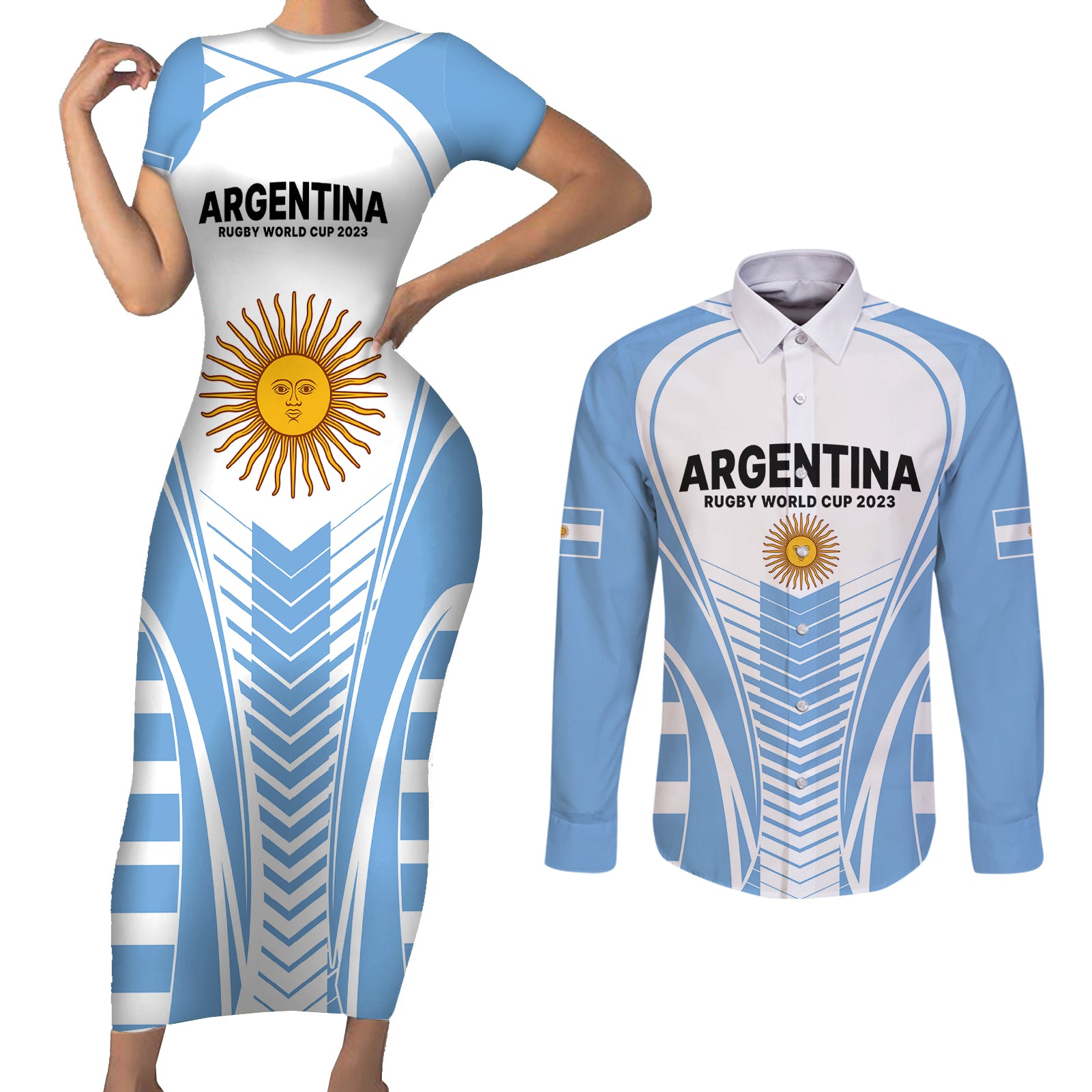 Argentina Rugby Couples Matching Short Sleeve Bodycon Dress and Long Sleeve Button Shirts World Cup 2023 Los Pumas Go Champion LT9 - Wonder Print Shop