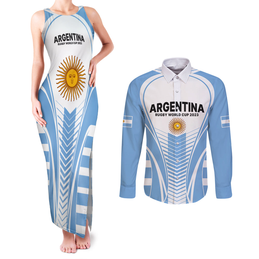 Argentina Rugby Couples Matching Tank Maxi Dress and Long Sleeve Button Shirts World Cup 2023 Los Pumas Go Champion LT9 - Wonder Print Shop