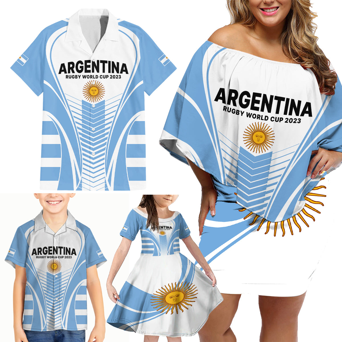 Argentina Rugby Family Matching Off Shoulder Short Dress and Hawaiian Shirt World Cup 2023 Los Pumas Go Champion LT9 - Wonder Print Shop