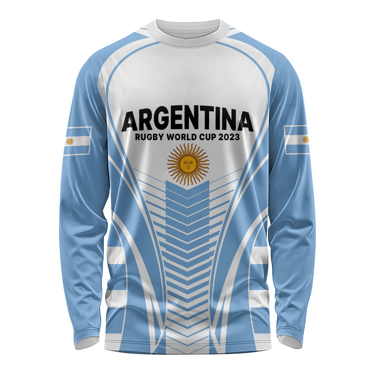 Blue and white rugby long sleeve shirt with Argentina logo and gold crest