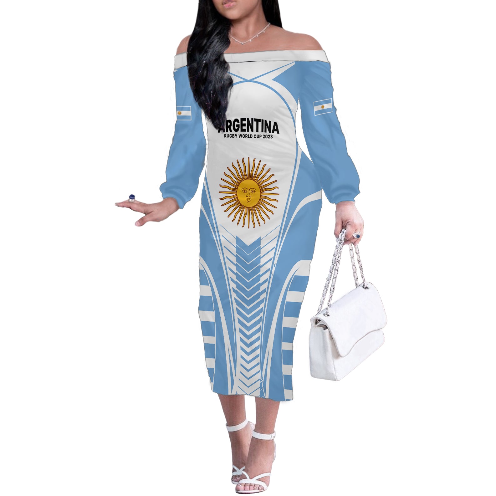 Argentina Rugby Off The Shoulder Long Sleeve Dress World Cup 2023 Los Pumas Go Champion - Wonder Print Shop