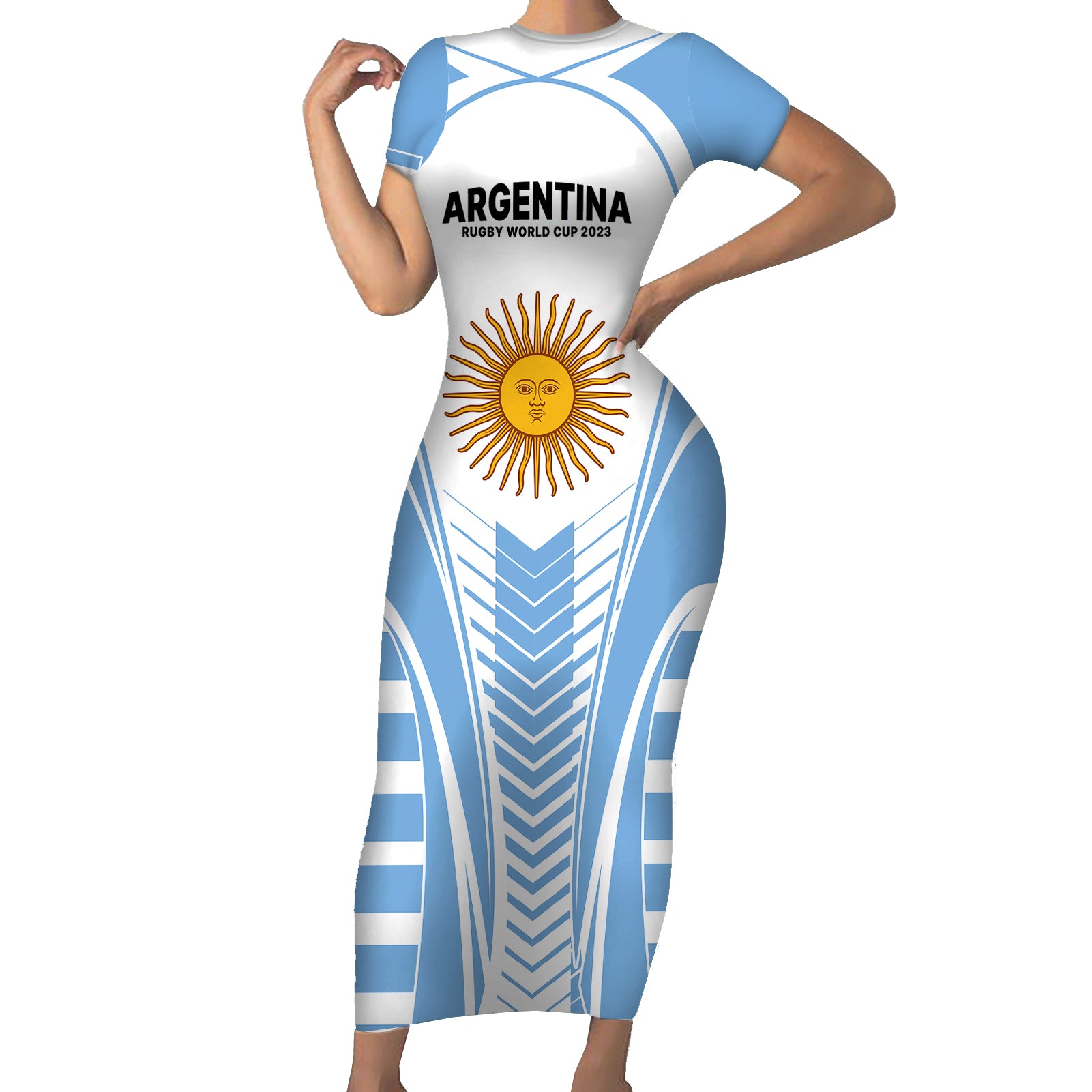 Argentina Rugby Short Sleeve Bodycon Dress World Cup 2023 Los Pumas Go Champion - Wonder Print Shop