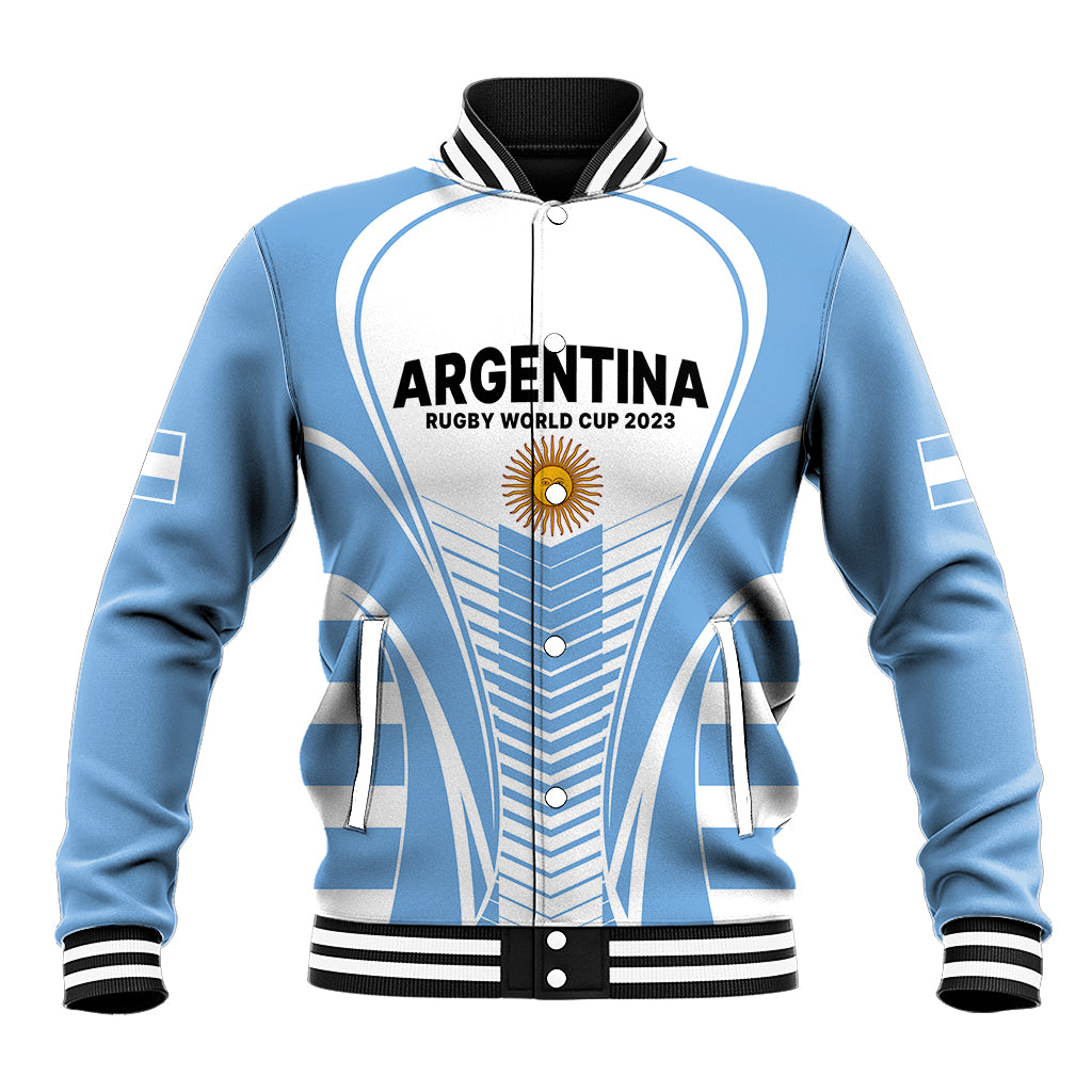 Light blue varsity rugby jacket with ribbed striped collar and Argentina graphic front