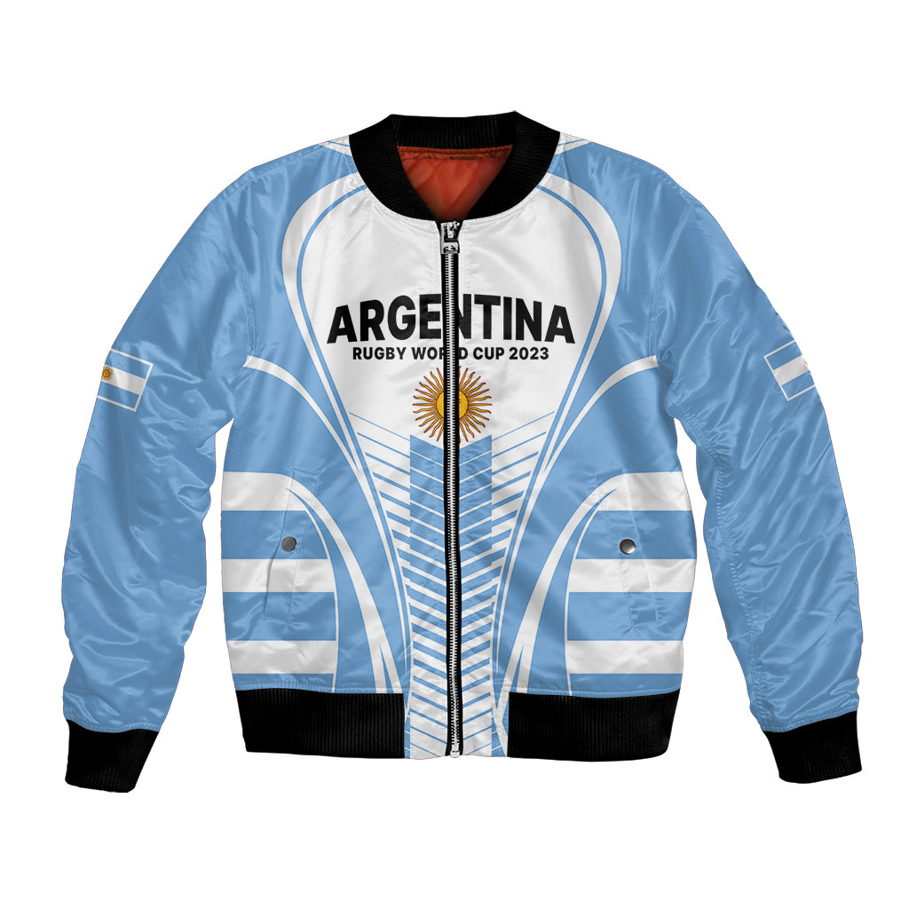 Blue Argentina rugby bomber jacket with front zip, white panel, black ribbed cuffs