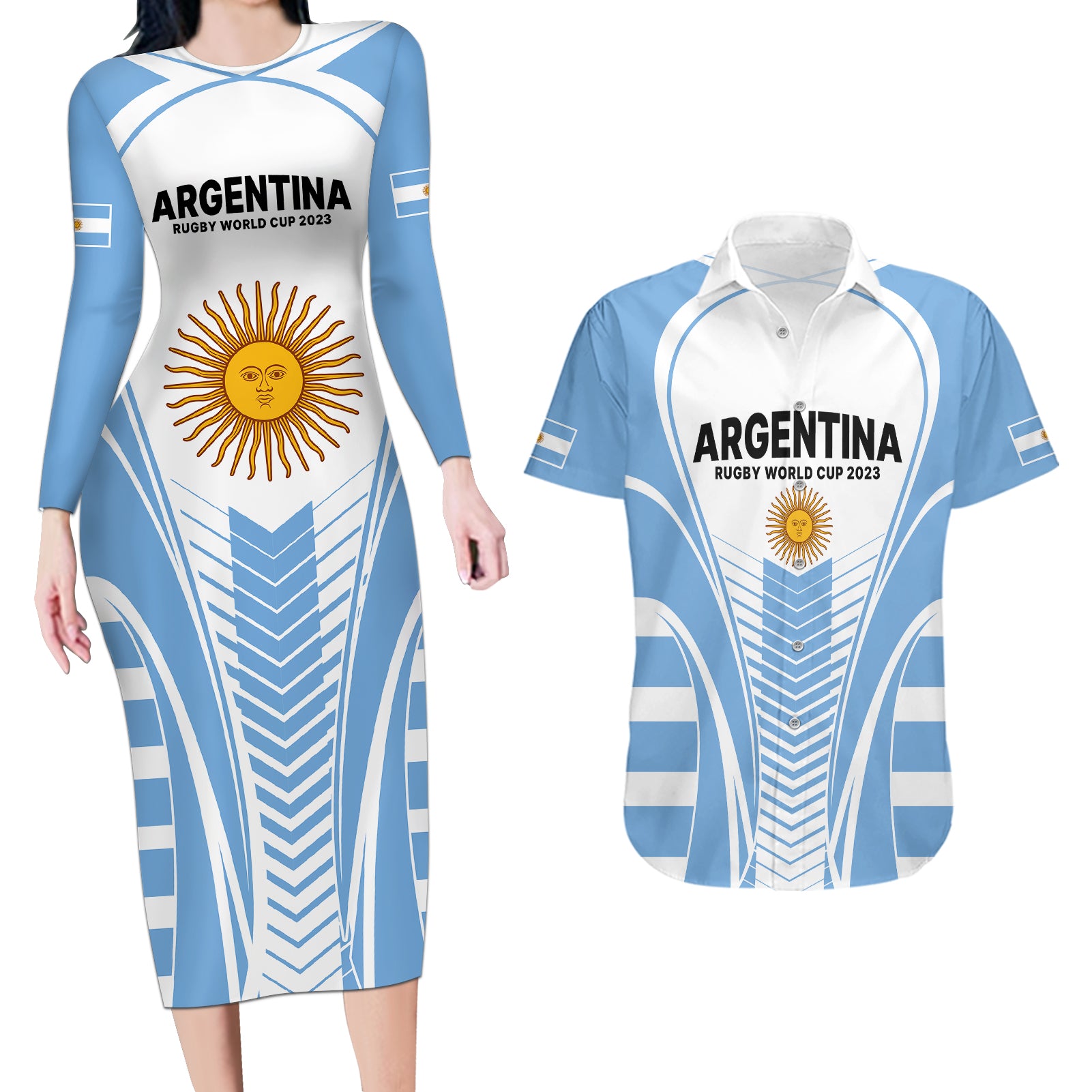 Custom Argentina Rugby Couples Matching Long Sleeve Bodycon Dress and Hawaiian Shirt World Cup 2023 Los Pumas Go Champion LT9 - Wonder Print Shop