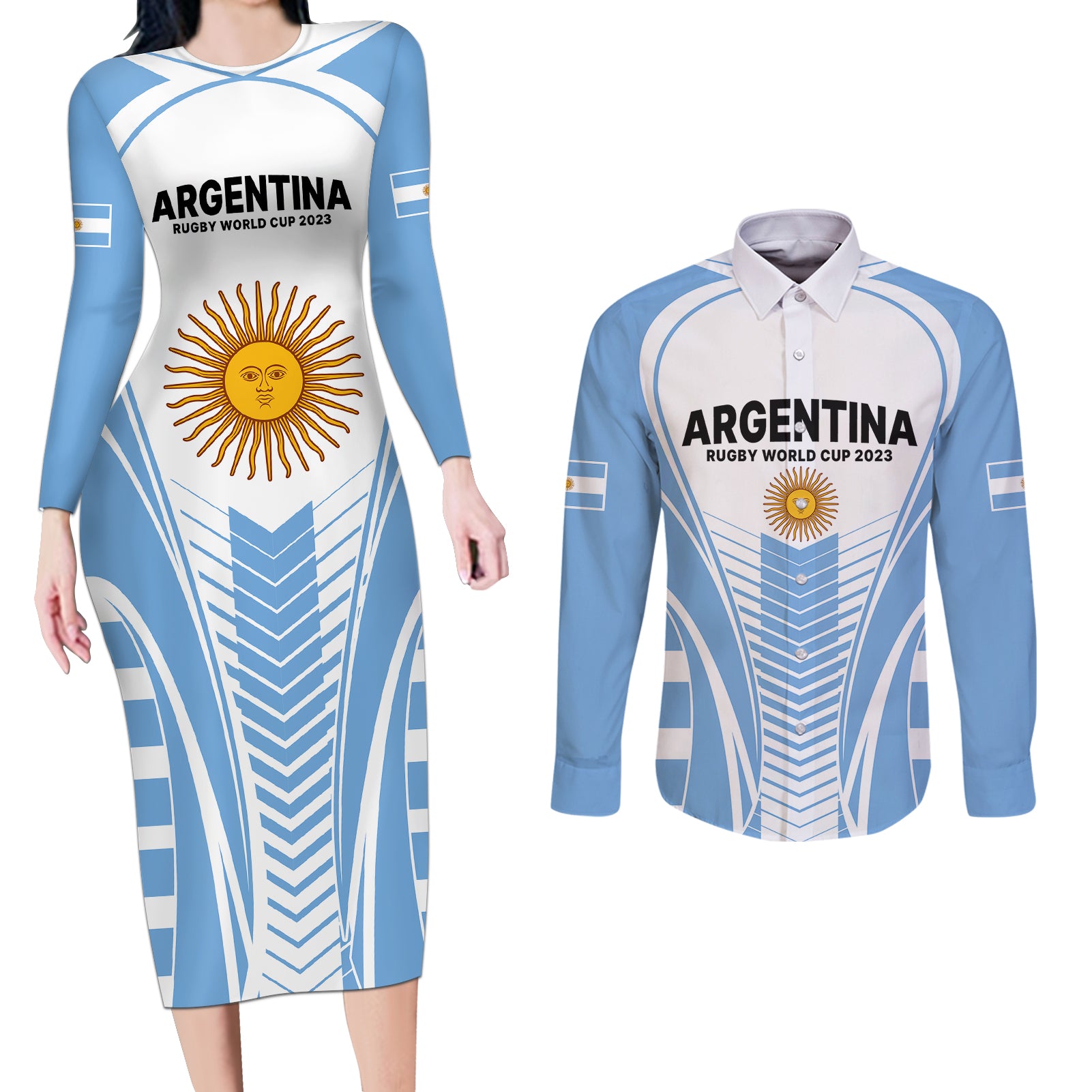 Custom Argentina Rugby Couples Matching Long Sleeve Bodycon Dress and Long Sleeve Button Shirts World Cup 2023 Los Pumas Go Champion LT9 - Wonder Print Shop