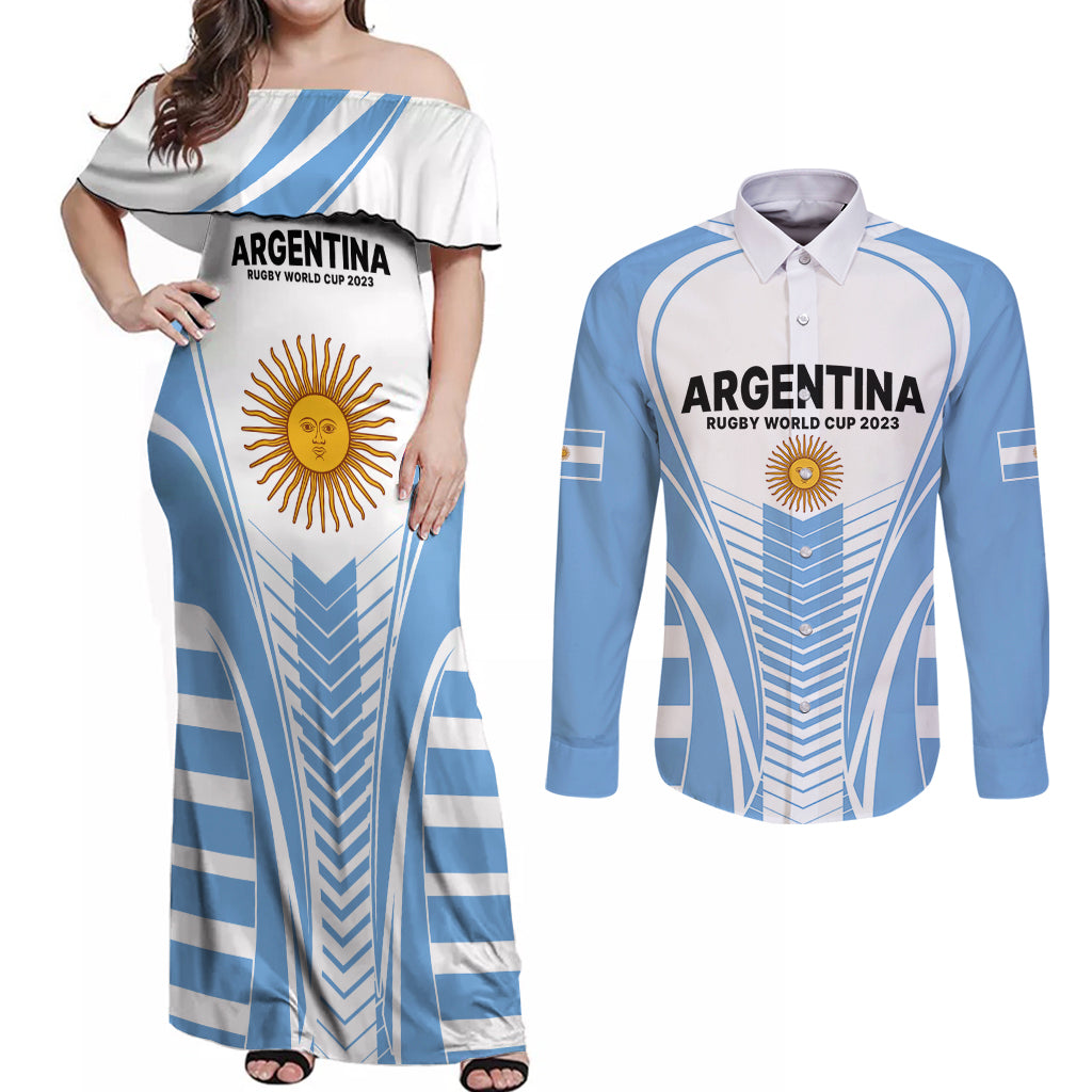 Custom Argentina Rugby Couples Matching Off Shoulder Maxi Dress and Long Sleeve Button Shirts World Cup 2023 Los Pumas Go Champion LT9 - Wonder Print Shop