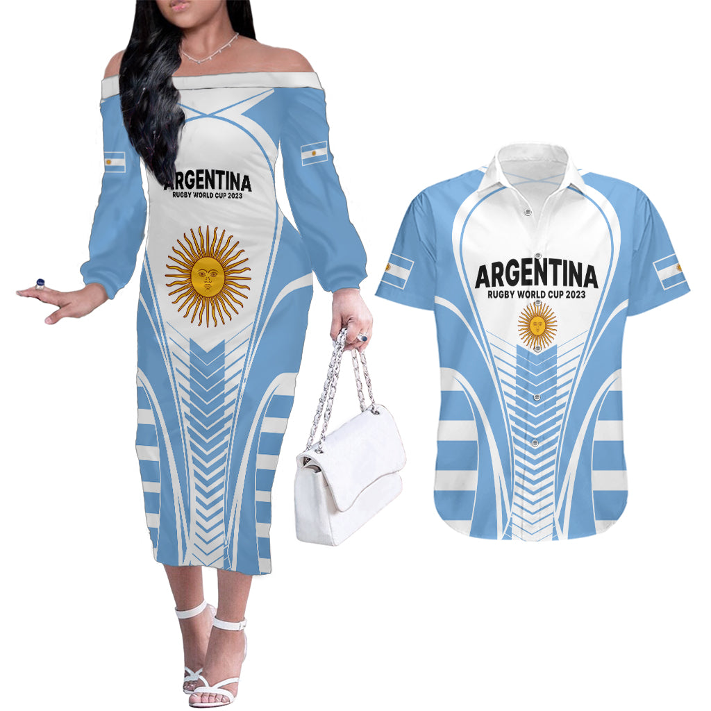 Custom Argentina Rugby Couples Matching Off The Shoulder Long Sleeve Dress and Hawaiian Shirt World Cup 2023 Los Pumas Go Champion LT9 - Wonder Print Shop