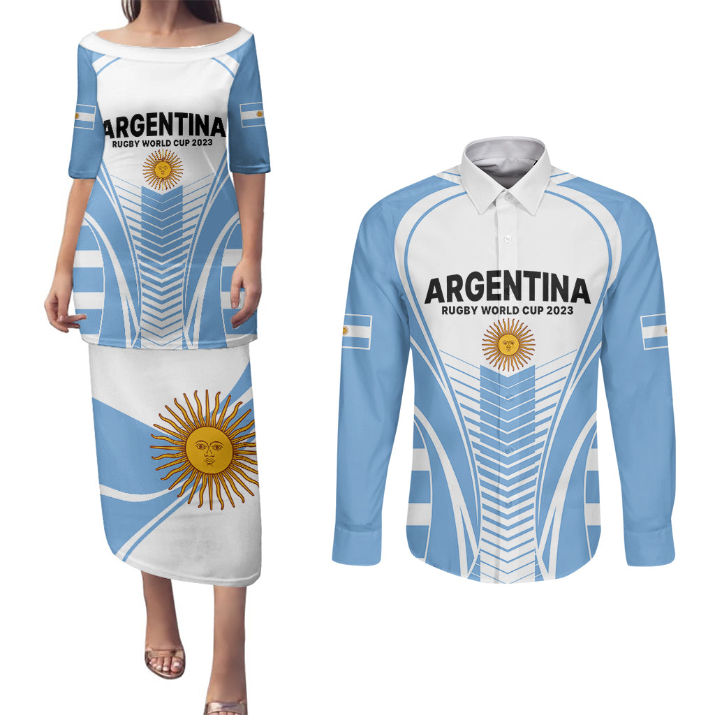 Custom Argentina Rugby Couples Matching Puletasi Dress and Long Sleeve Button Shirts World Cup 2023 Los Pumas Go Champion LT9 - Wonder Print Shop