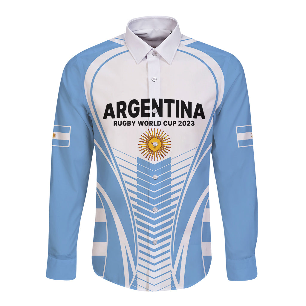 Light blue long-sleeve rugby button shirt, white panel, Argentina print, sun emblem