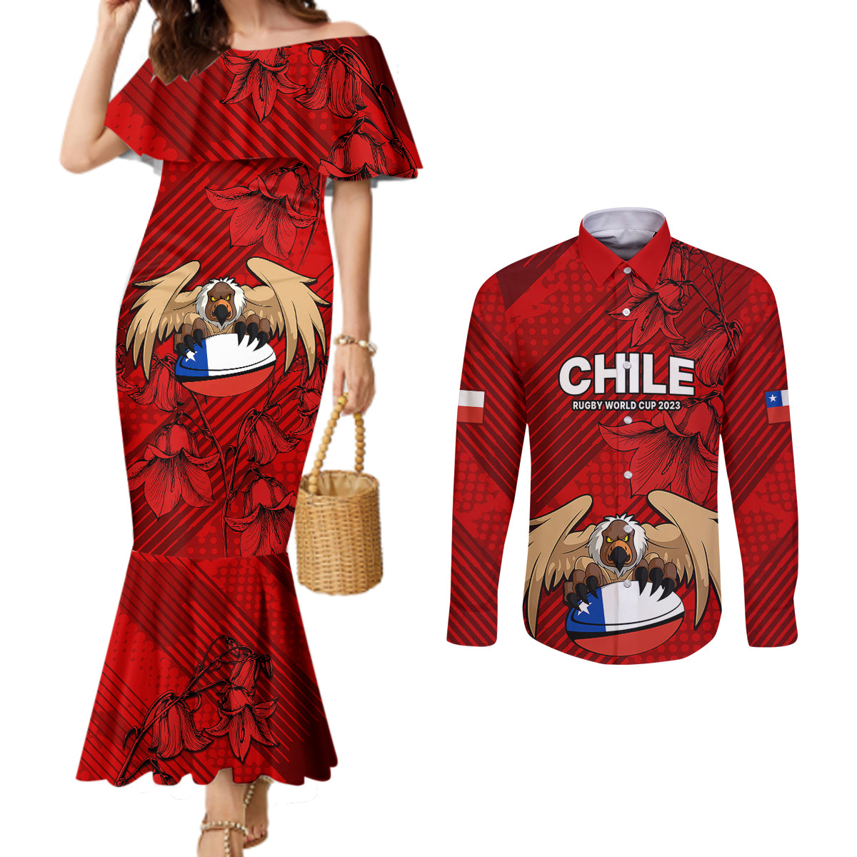 chile-rugby-couples-matching-mermaid-dress-and-long-sleeve-button-shirts-los-condores-mascot-with-bellflower-world-cup-2023