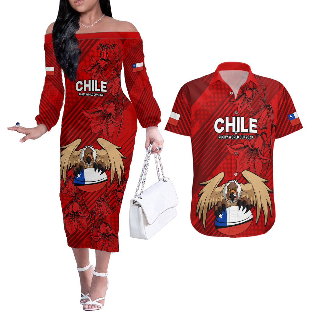 Chile Rugby Couples Matching Off The Shoulder Long Sleeve Dress and Hawaiian Shirt Los Condores Mascot with Bellflower World Cup 2023 LT9 - Wonder Print Shop