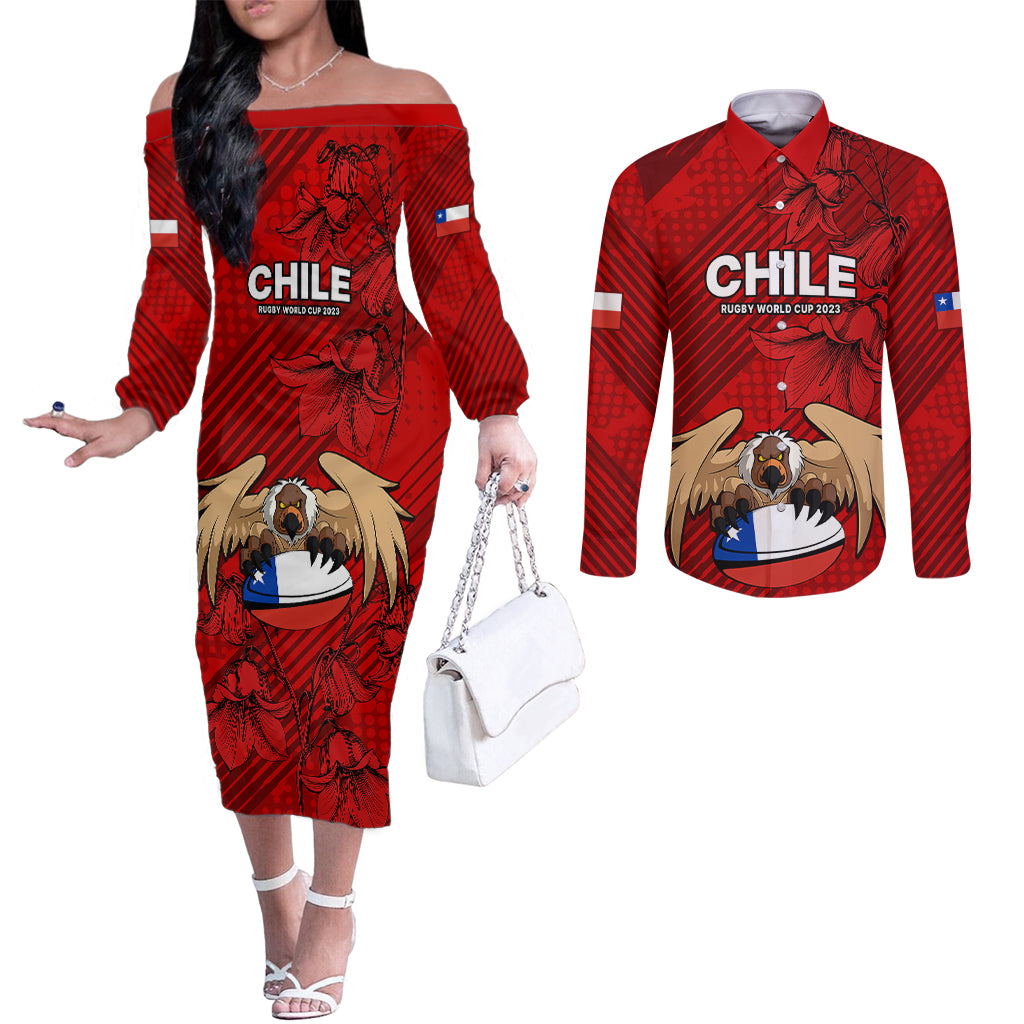 chile-rugby-couples-matching-off-the-shoulder-long-sleeve-dress-and-long-sleeve-button-shirts-los-condores-mascot-with-bellflower-world-cup-2023