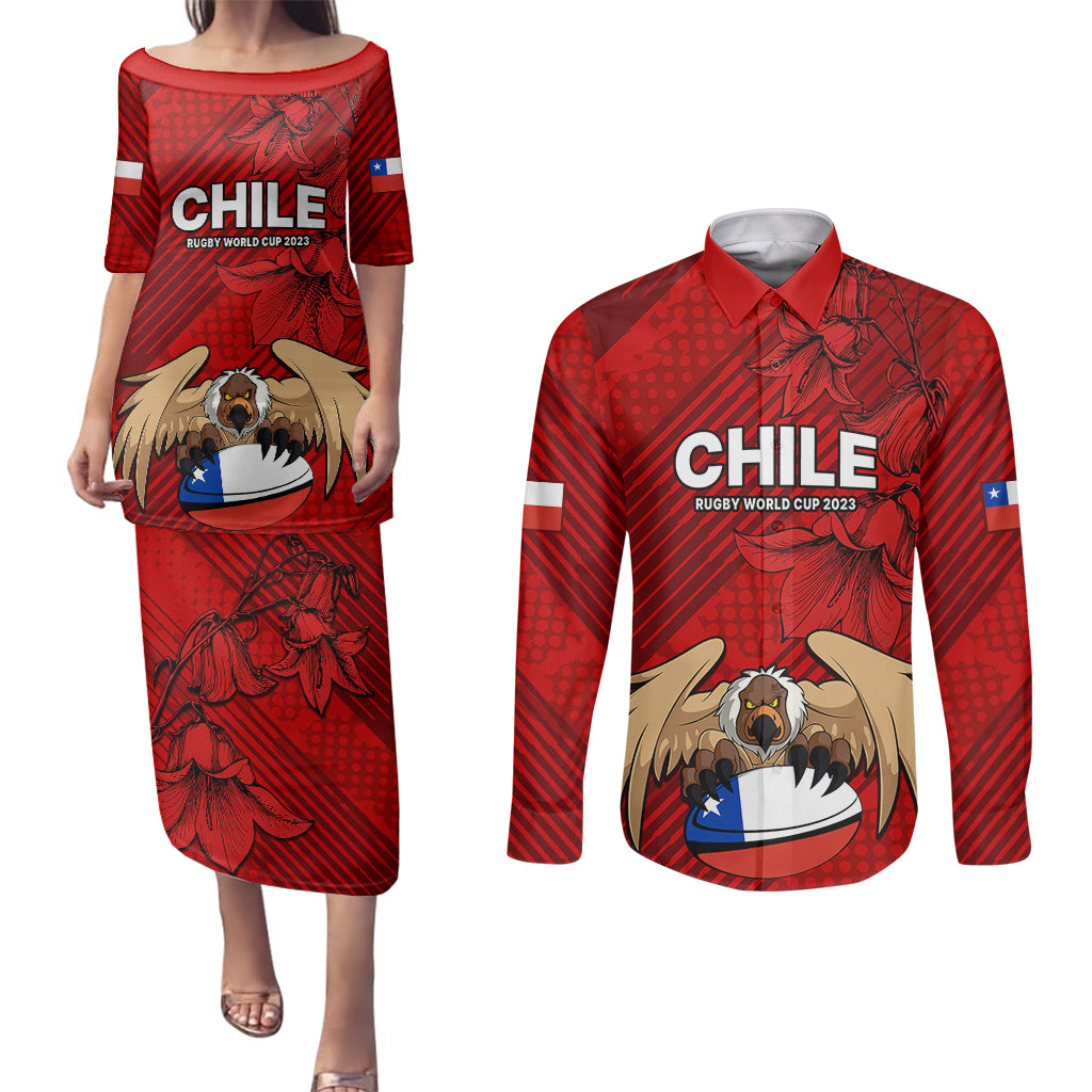 Chile Rugby Couples Matching Puletasi Dress and Long Sleeve Button Shirts Los Condores Mascot with Bellflower World Cup 2023 LT9 - Wonder Print Shop