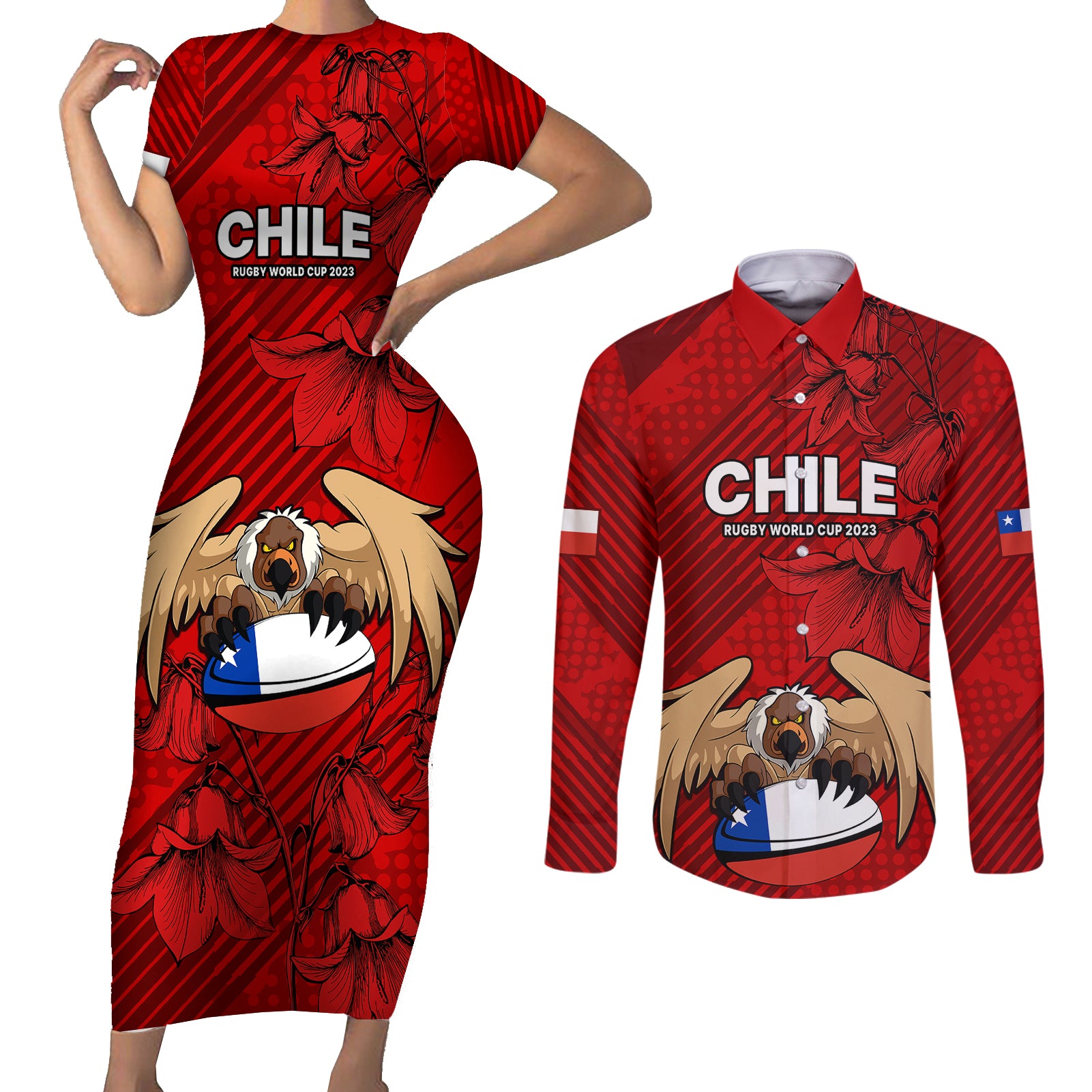 Chile Rugby Couples Matching Short Sleeve Bodycon Dress and Long Sleeve Button Shirts Los Condores Mascot with Bellflower World Cup 2023 LT9 - Wonder Print Shop