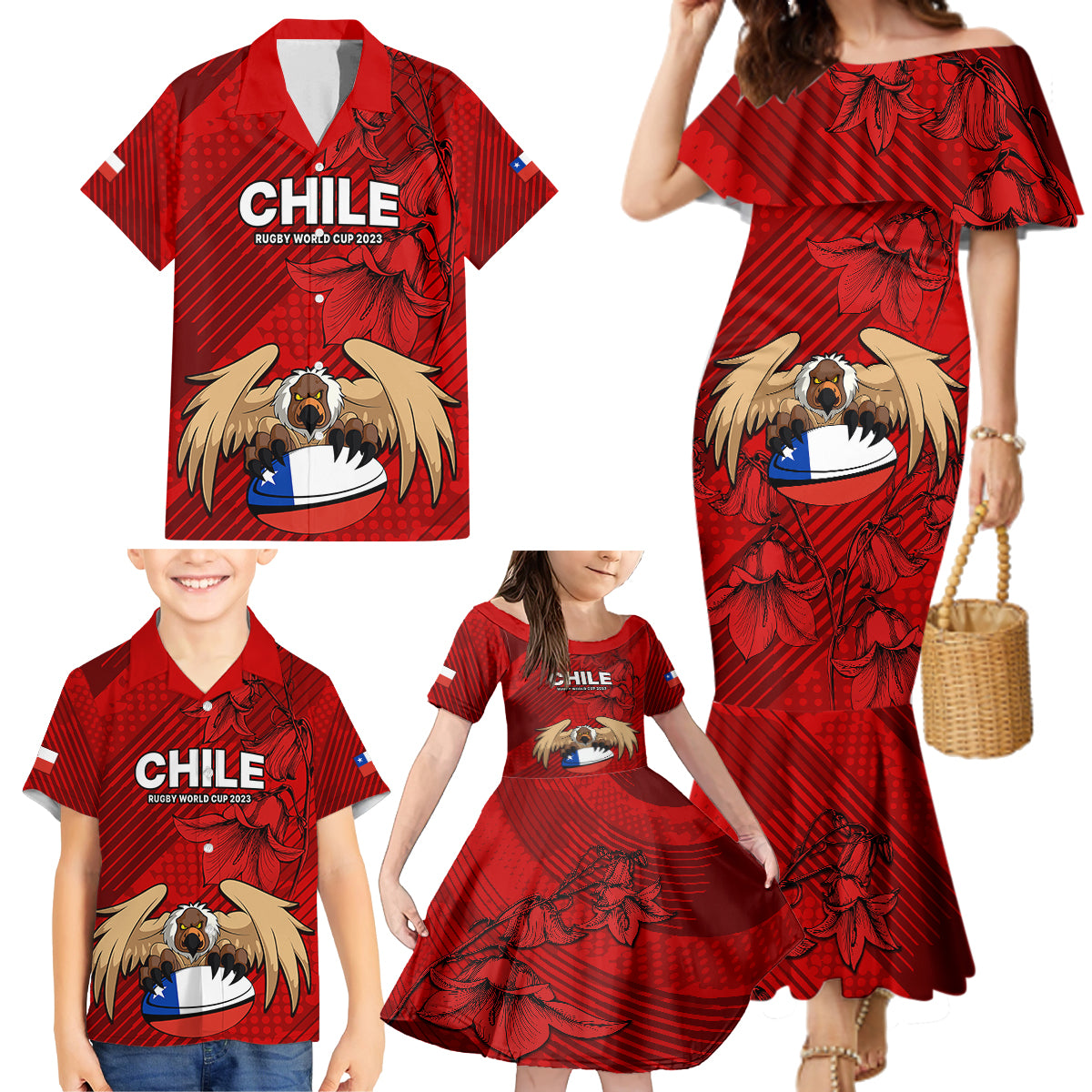 Chile Rugby Family Matching Mermaid Dress and Hawaiian Shirt Los Condores Mascot with Bellflower World Cup 2023 LT9 - Wonder Print Shop