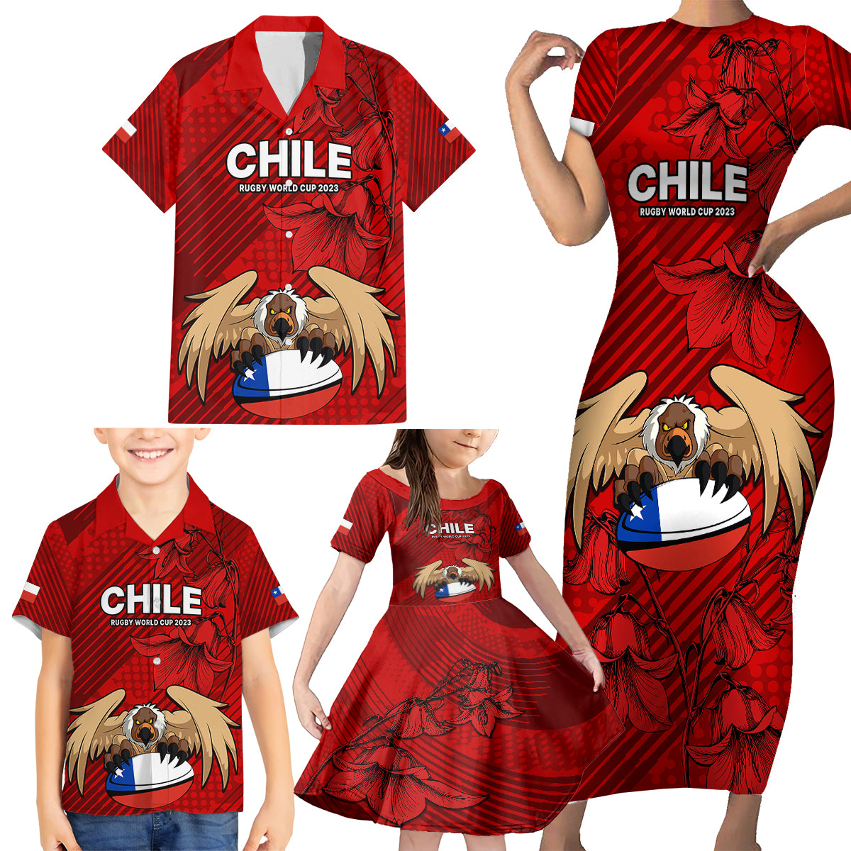 Chile Rugby Family Matching Short Sleeve Bodycon Dress and Hawaiian Shirt Los Condores Mascot with Bellflower World Cup 2023 - Wonder Print Shop