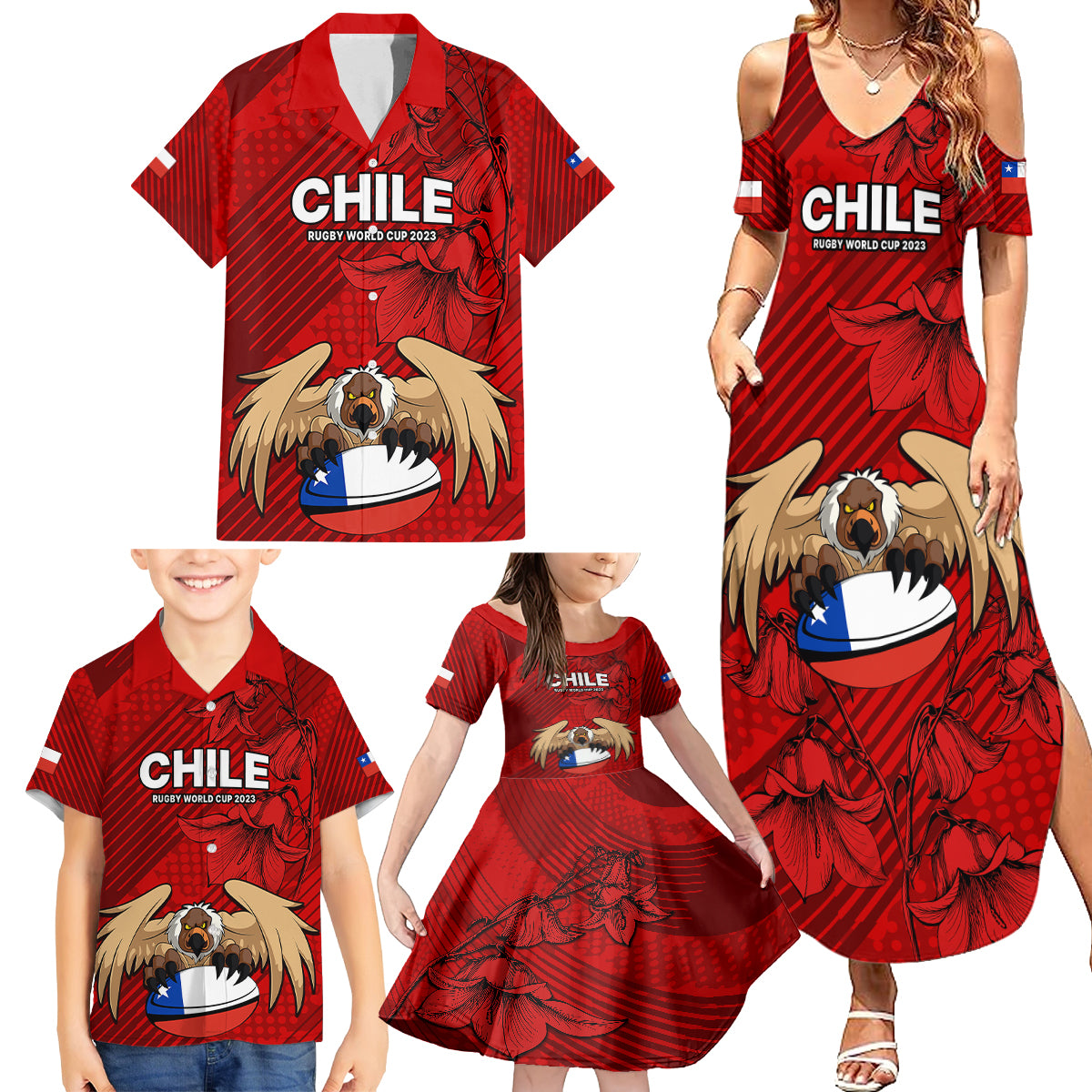 Chile Rugby Family Matching Summer Maxi Dress and Hawaiian Shirt Los Condores Mascot with Bellflower World Cup 2023 - Wonder Print Shop