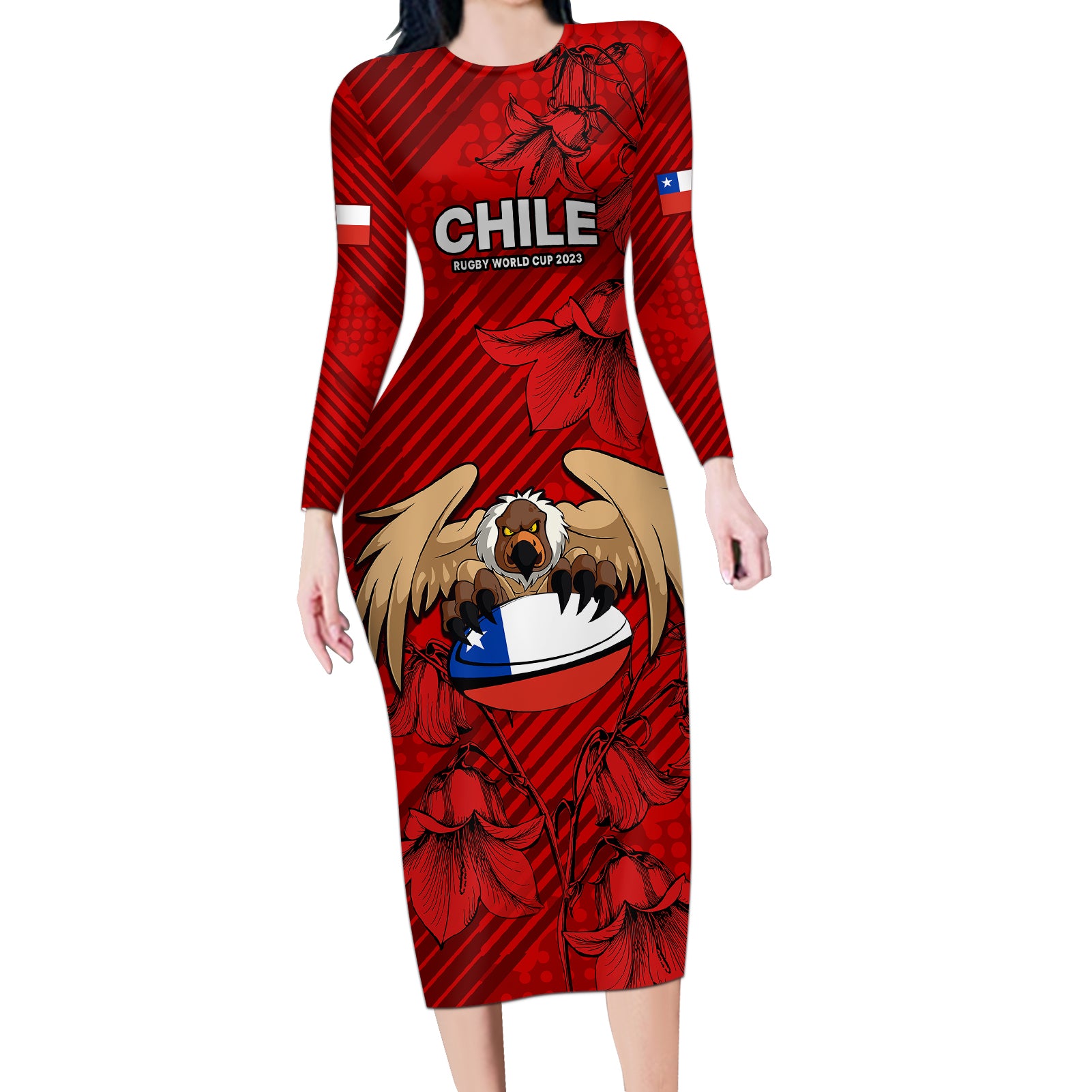 Chile Rugby Long Sleeve Bodycon Dress Los Condores Mascot with Bellflower World Cup 2023 - Wonder Print Shop