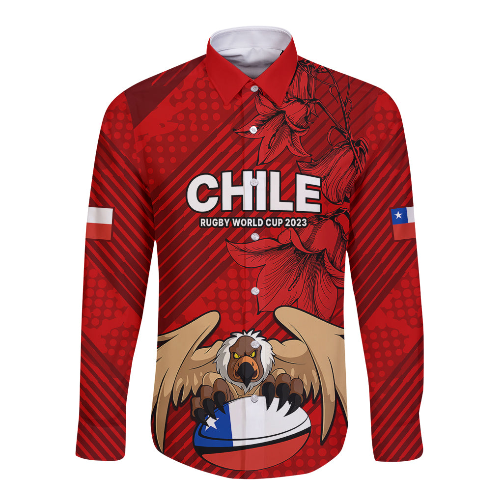 Unisex red rugby long-sleeve button shirt with CHILE World Cup 2023 front graphic