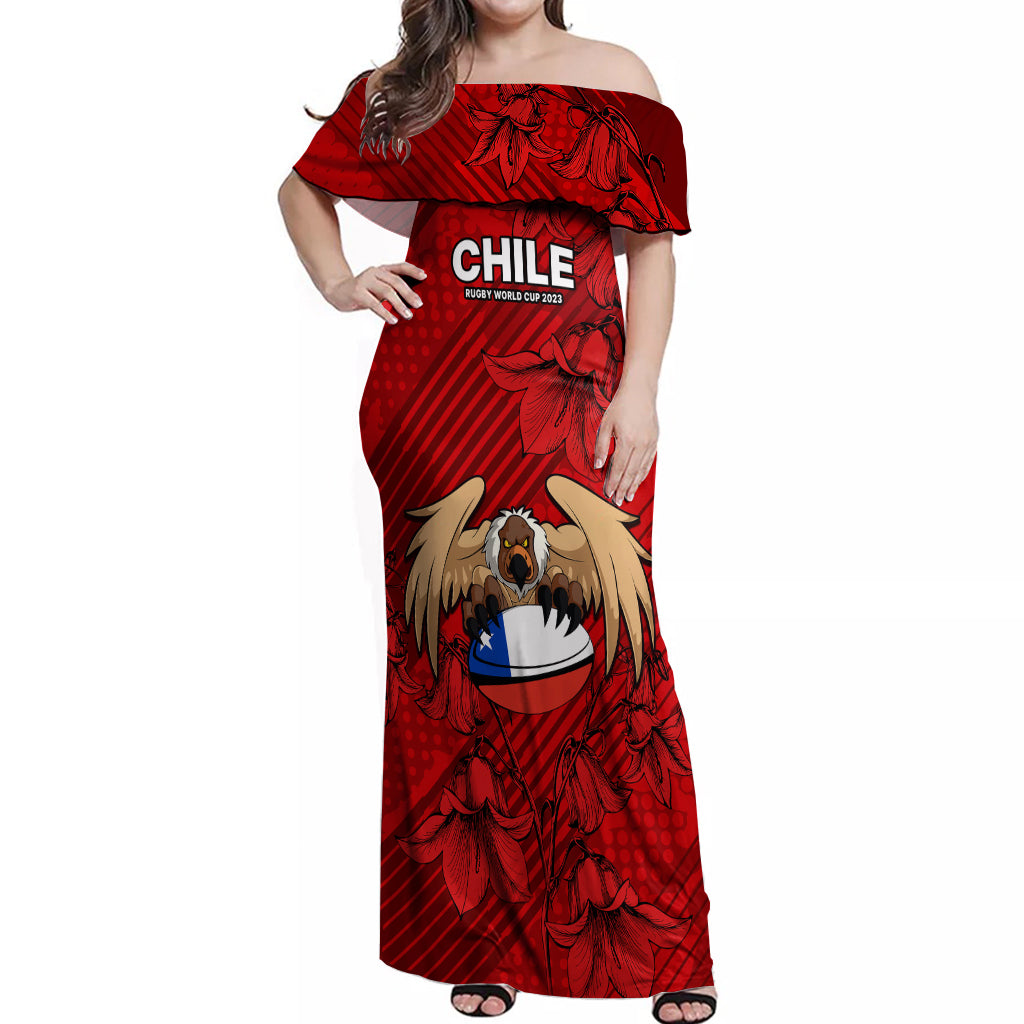 Chile Rugby Off Shoulder Maxi Dress Los Condores Mascot with Bellflower World Cup 2023 - Wonder Print Shop