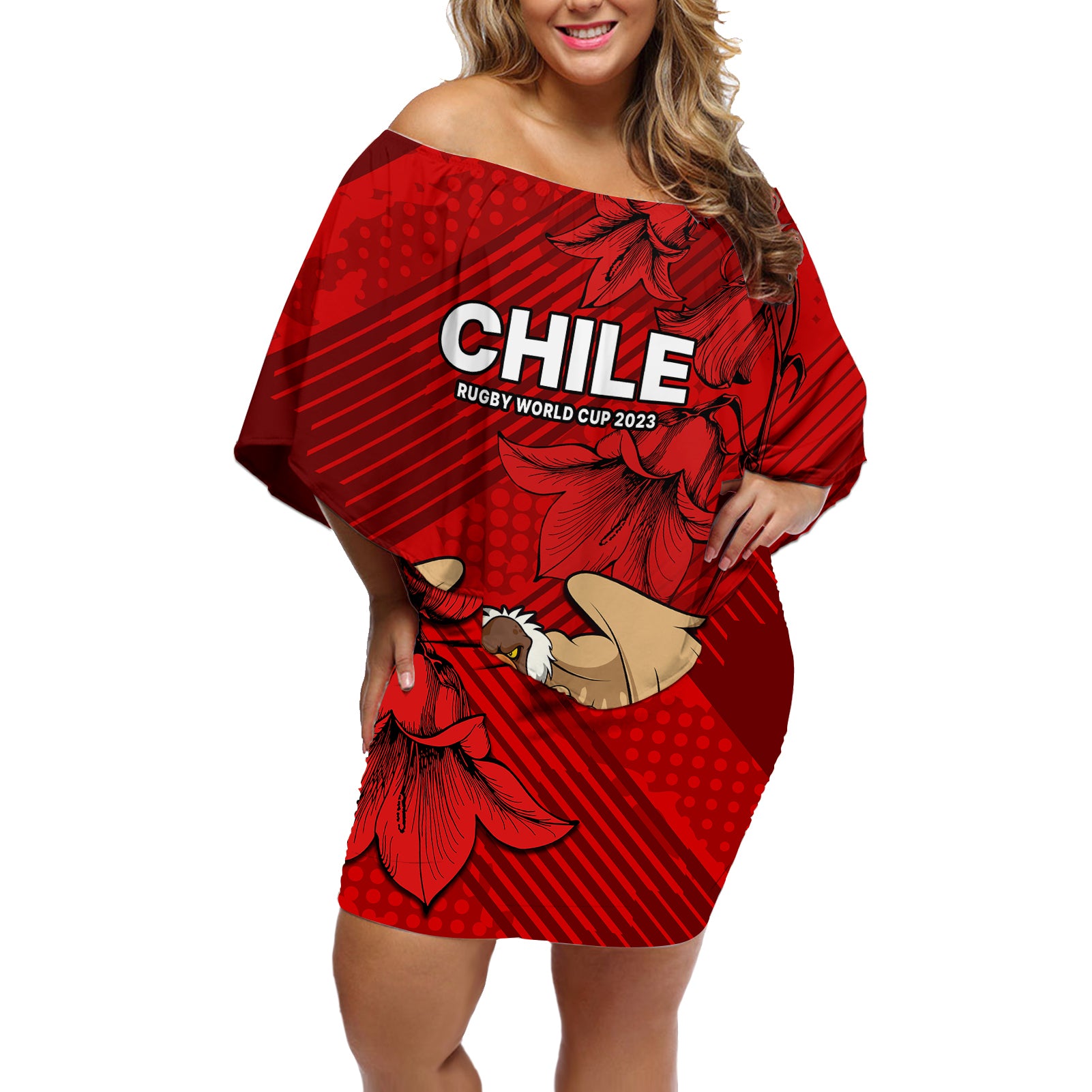 Chile Rugby Off Shoulder Short Dress Los Condores Mascot with Bellflower World Cup 2023 - Wonder Print Shop