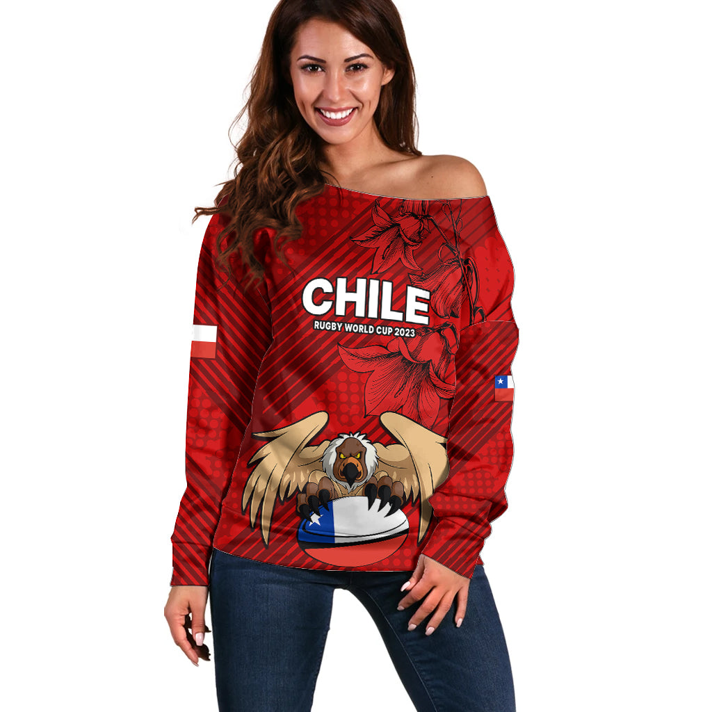 Chile Rugby Off Shoulder Sweater Los Condores Mascot with Bellflower World Cup 2023 - Wonder Print Shop