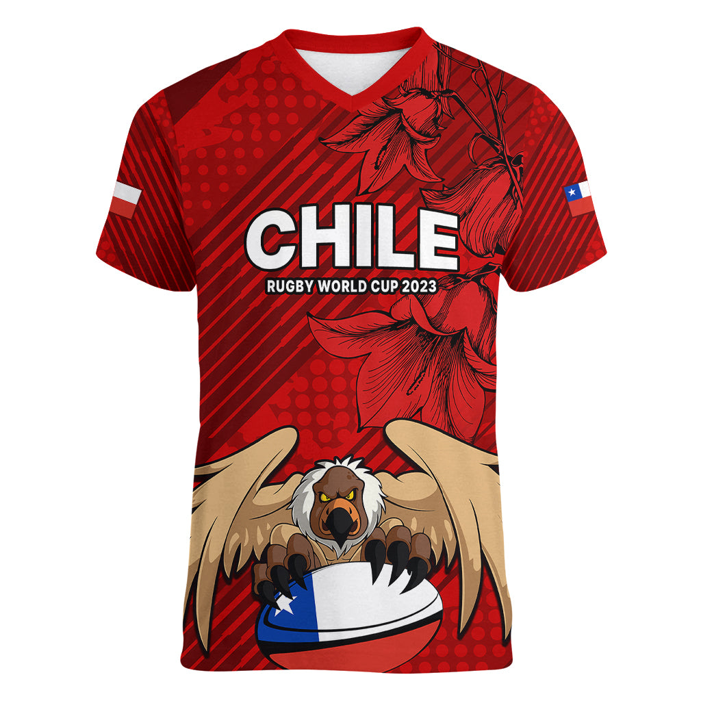 Chile Rugby Women V Neck T Shirt Los Condores Mascot with Bellflower World Cup 2023 - Wonder Print Shop