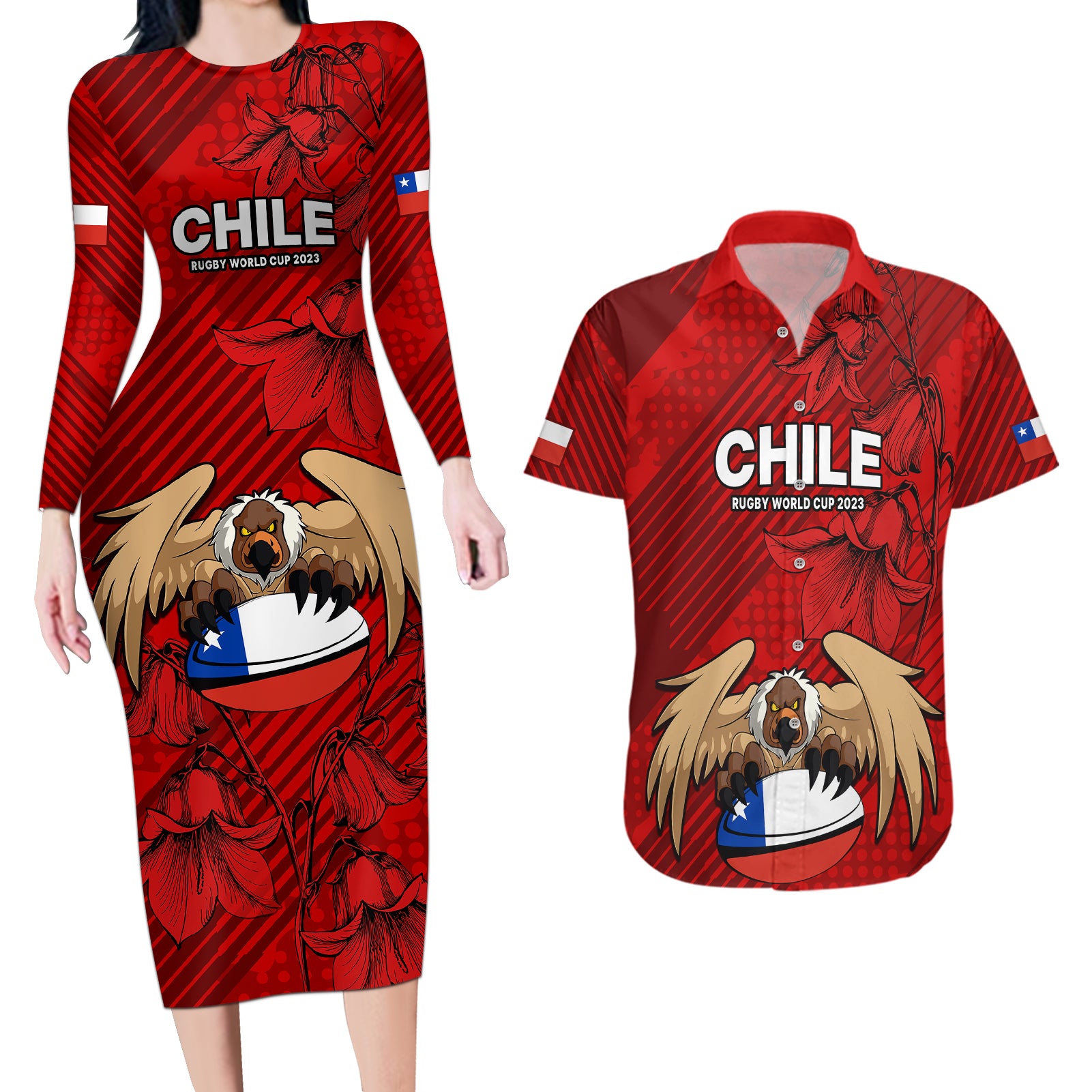 Custom Chile Rugby Couples Matching Long Sleeve Bodycon Dress and Hawaiian Shirt Los Condores Mascot with Bellflower World Cup 2023 LT9 - Wonder Print Shop