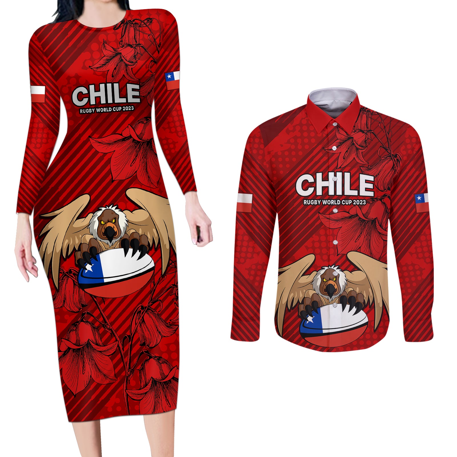 Custom Chile Rugby Couples Matching Long Sleeve Bodycon Dress and Long Sleeve Button Shirts Los Condores Mascot with Bellflower World Cup 2023 LT9 - Wonder Print Shop