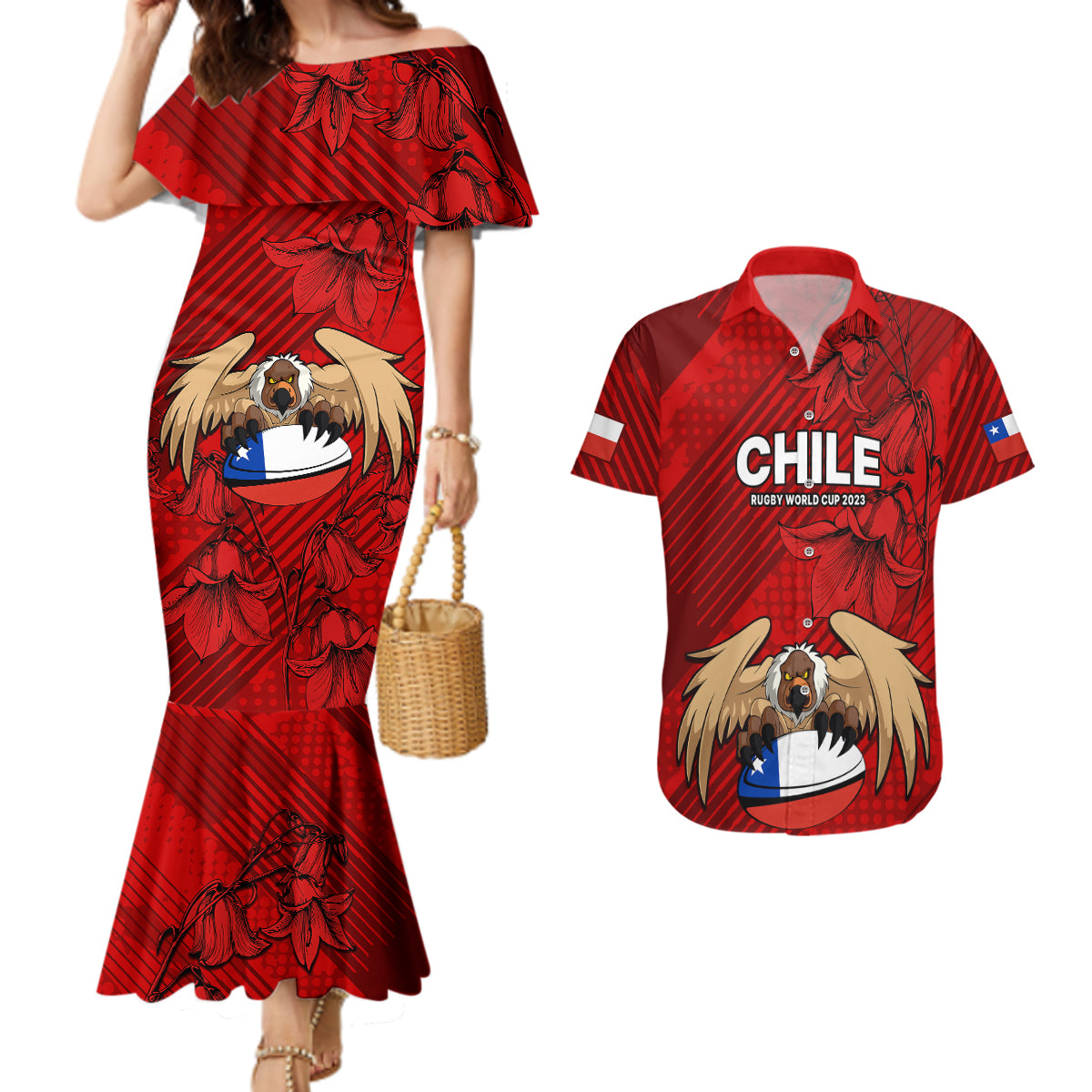 Custom Chile Rugby Couples Matching Mermaid Dress and Hawaiian Shirt Los Condores Mascot with Bellflower World Cup 2023 LT9 - Wonder Print Shop