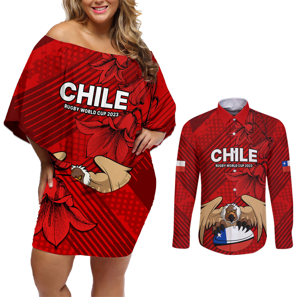 Custom Chile Rugby Couples Matching Off Shoulder Short Dress and Long Sleeve Button Shirts Los Condores Mascot with Bellflower World Cup 2023 LT9 - Wonder Print Shop