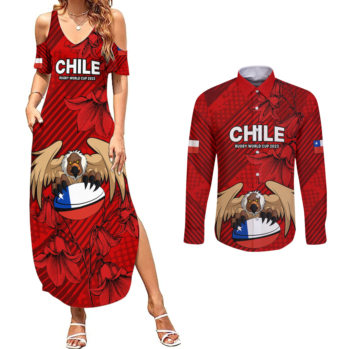 Custom Chile Rugby Couples Matching Summer Maxi Dress and Long Sleeve Button Shirts Los Condores Mascot with Bellflower World Cup 2023 LT9 - Wonder Print Shop