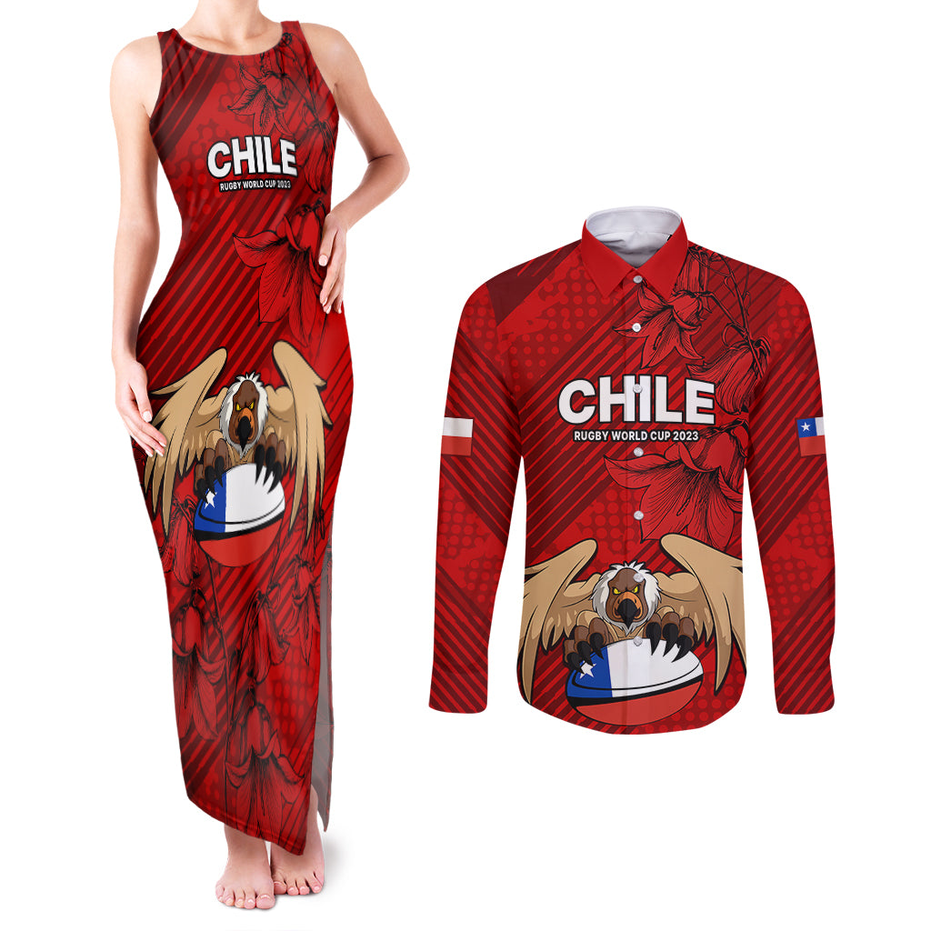 Custom Chile Rugby Couples Matching Tank Maxi Dress and Long Sleeve Button Shirts Los Condores Mascot with Bellflower World Cup 2023 LT9 - Wonder Print Shop