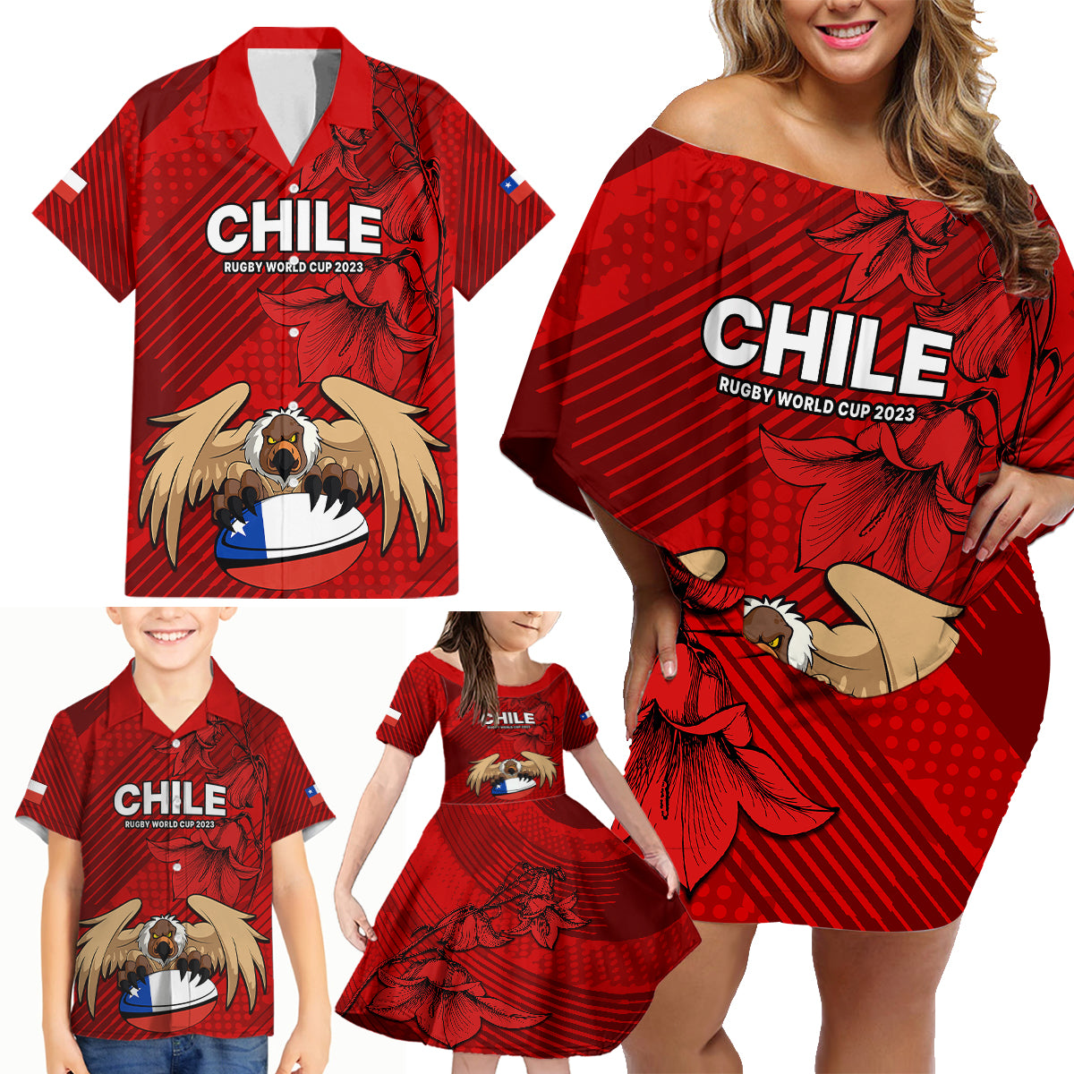 Custom Chile Rugby Family Matching Off Shoulder Short Dress and Hawaiian Shirt Los Condores Mascot with Bellflower World Cup 2023 LT9 - Wonder Print Shop