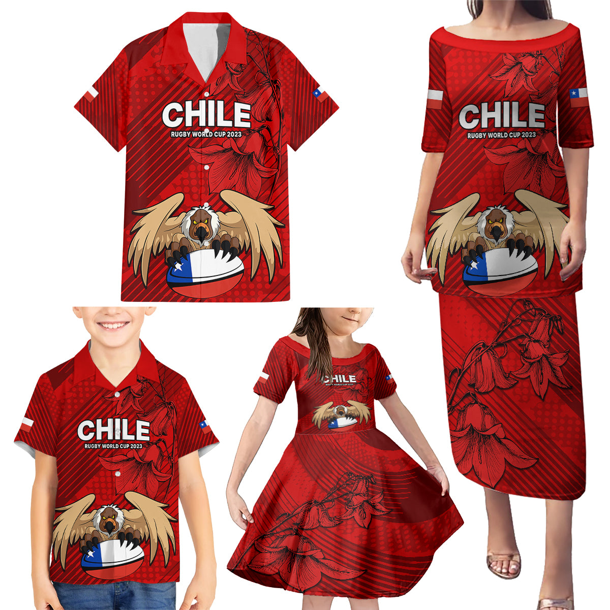 Custom Chile Rugby Family Matching Puletasi Dress and Hawaiian Shirt Los Condores Mascot with Bellflower World Cup 2023 - Wonder Print Shop