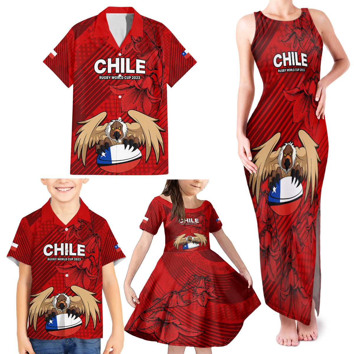 Custom Chile Rugby Family Matching Tank Maxi Dress and Hawaiian Shirt Los Condores Mascot with Bellflower World Cup 2023 - Wonder Print Shop