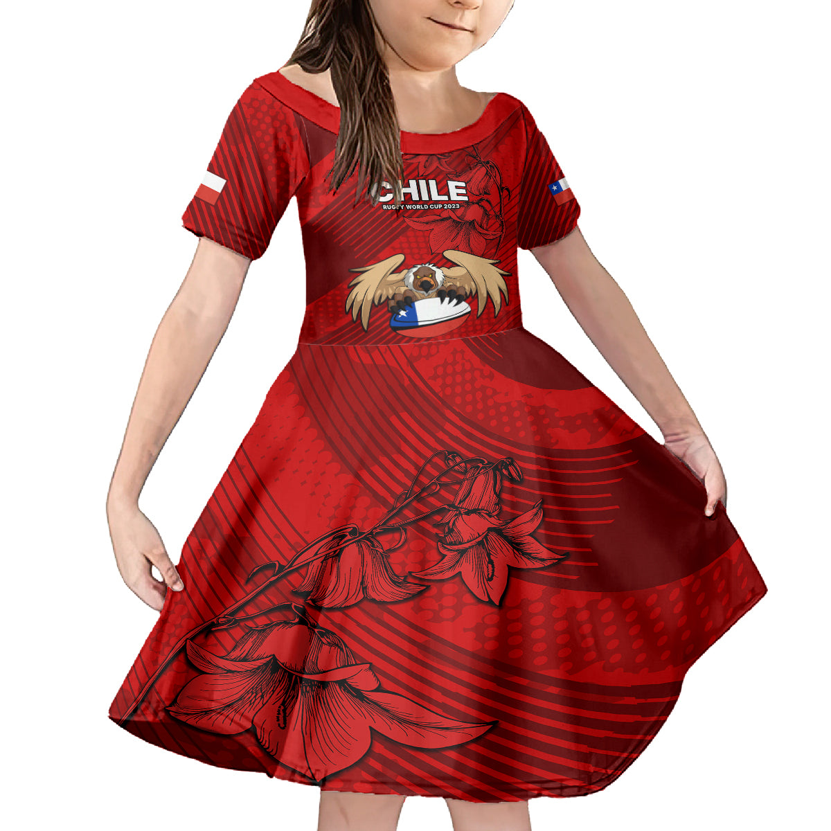 Custom Chile Rugby Kid Short Sleeve Dress Los Condores Mascot with Bellflower World Cup 2023 - Wonder Print Shop