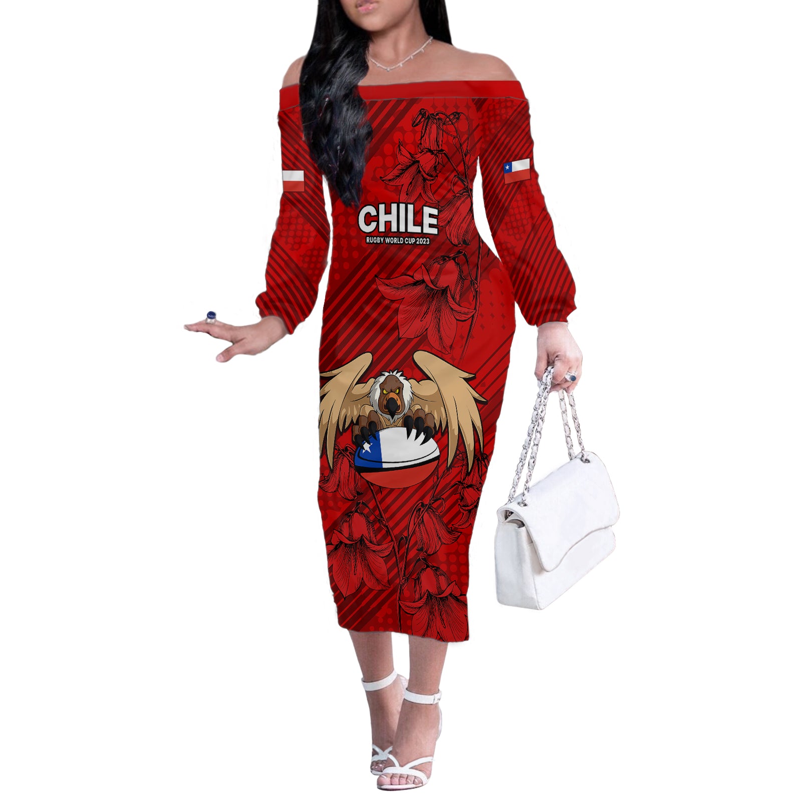 Custom Chile Rugby Off The Shoulder Long Sleeve Dress Los Condores Mascot with Bellflower World Cup 2023 - Wonder Print Shop