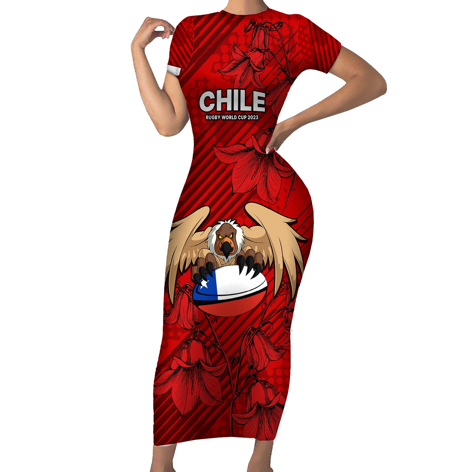 Custom Chile Rugby Short Sleeve Bodycon Dress Los Condores Mascot with Bellflower World Cup 2023 - Wonder Print Shop