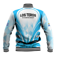 Unisex blue and white baseball jacket with LOS TEROS text on back and striped collar