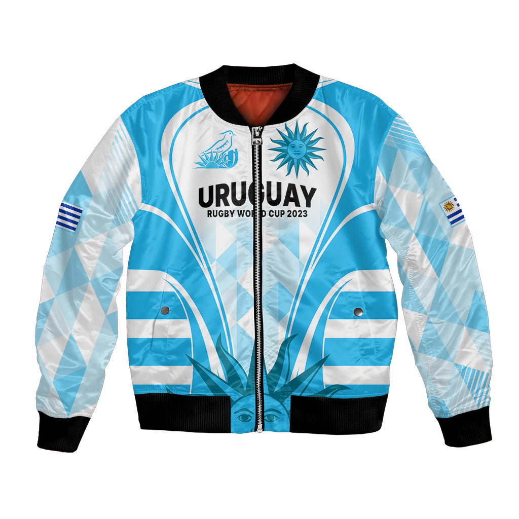 Light blue bomber jacket, black ribbed collar and zip front; Uruguay Rugby World Cup graphic