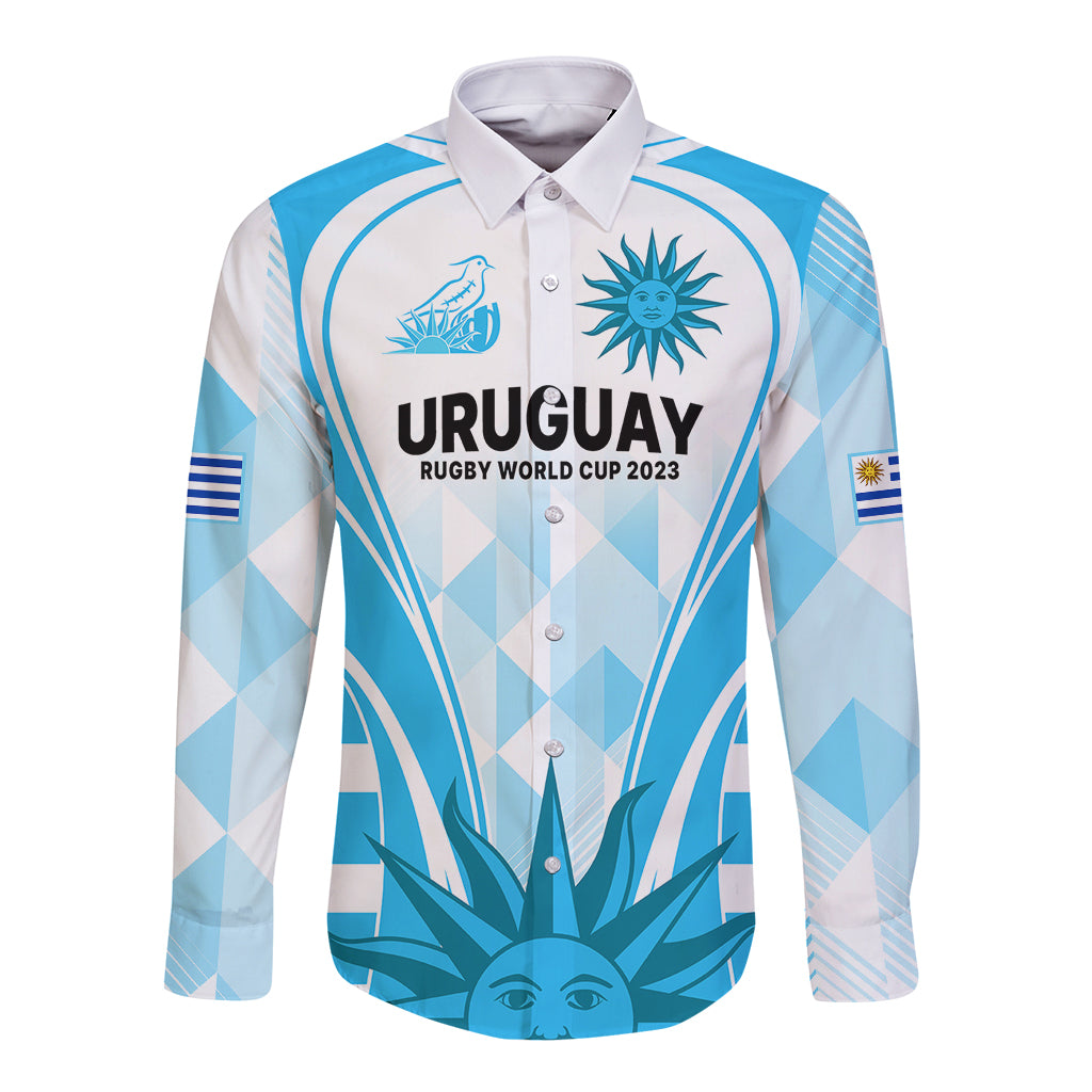 Blue Uruguay rugby long sleeve button shirt with World Cup 2023 front graphic