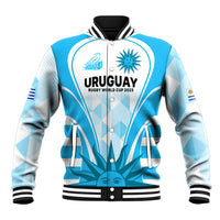 Light blue/white rugby baseball jacket with front buttons, ribbed collar, cuffs, and hem.