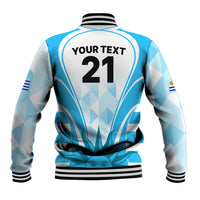 Back view of light blue/white rugby baseball jacket with custom text and number 21, ribbed trims.