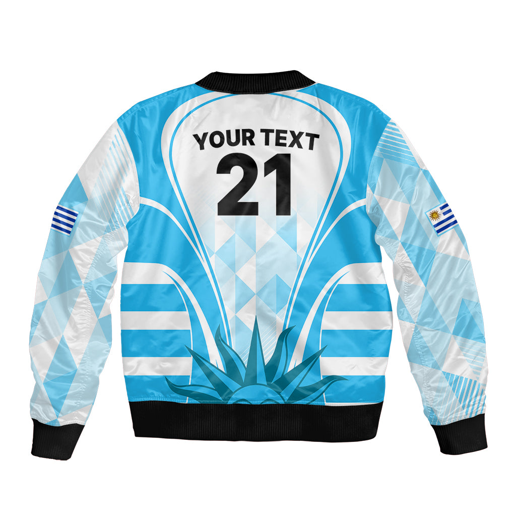 Light blue rugby bomber jacket back with YOUR TEXT, number 21, black ribbed hem and cuffs