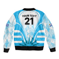 Light blue rugby bomber jacket back with YOUR TEXT, number 21, black ribbed hem and cuffs