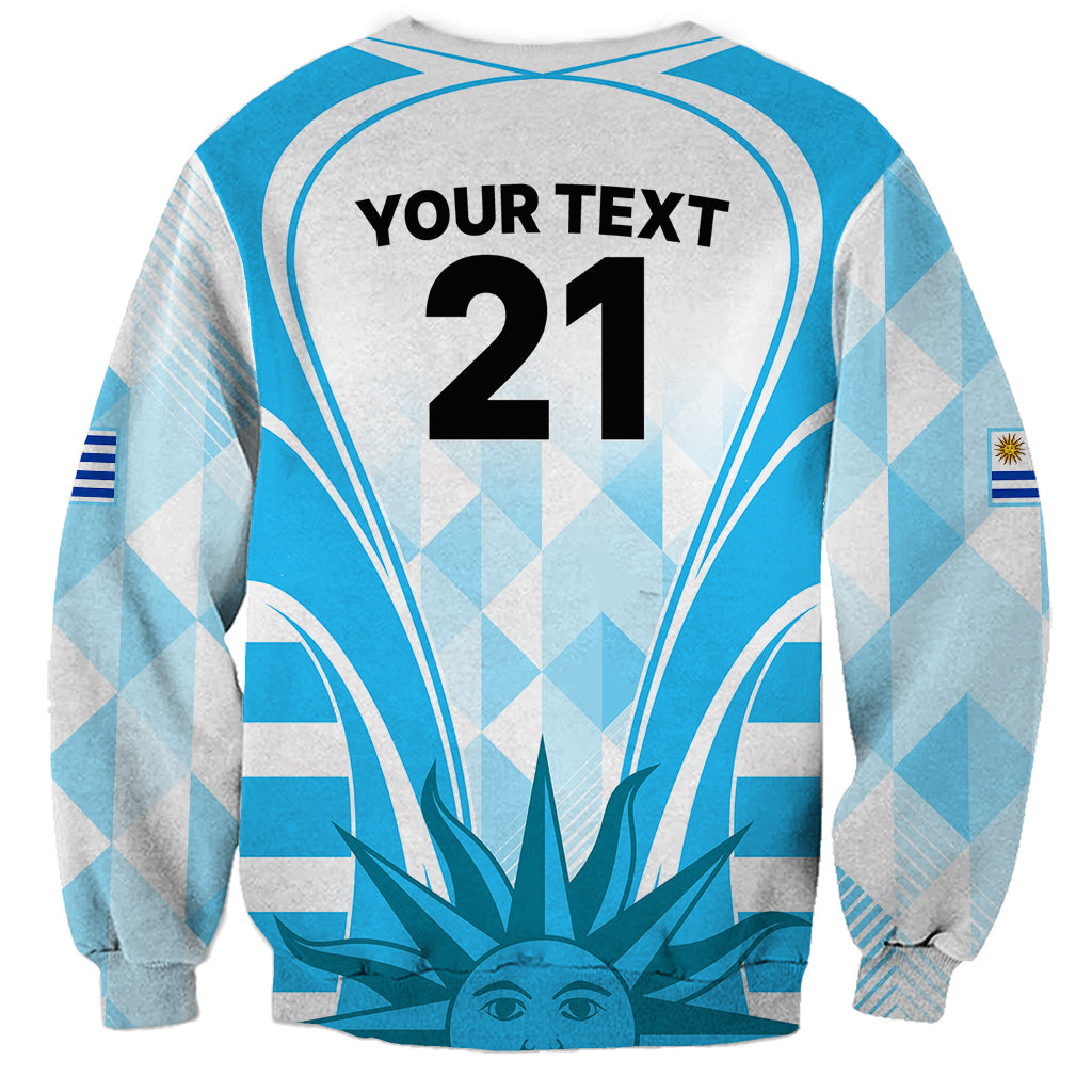 Light blue sweatshirt with Your Text 21 back print and Uruguay graphic